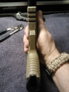Underside view - think I made a good choice with the tan colored grips. Yep, that's my gun tool I reviewed and tested, laying up there at the top of the picture.